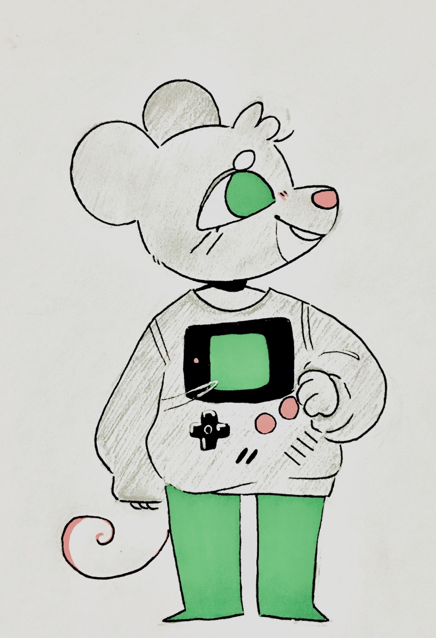 2017 anthro buckteeth clothed clothing drarw_(artist) eye_brows eyelashes female fully_clothed game_boy lori_m._(nitw) mammal mouse night_in_the_woods nintendo oversized pants pink_nose rodent smile solo sweater teeth video_games whiskers