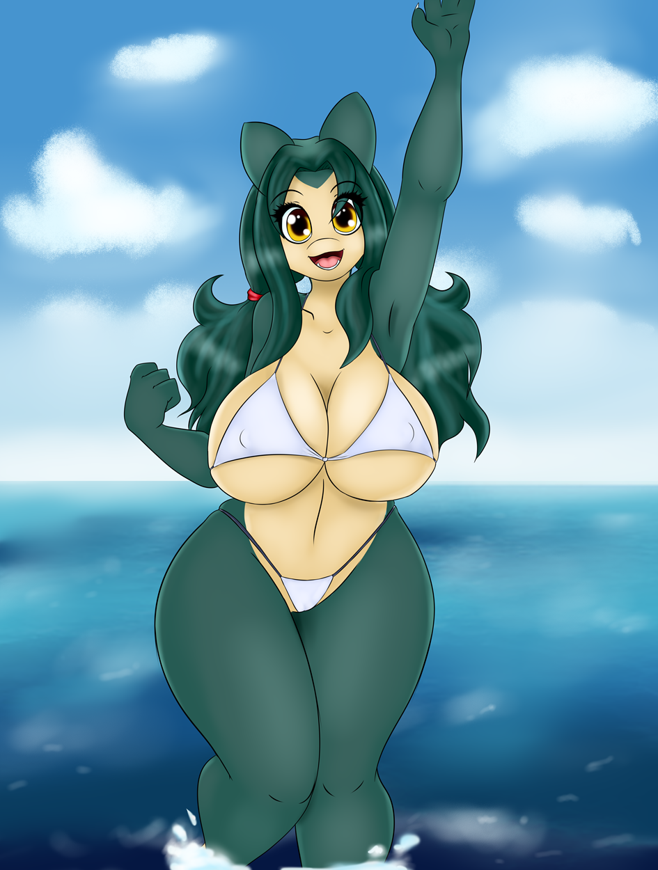 beach big_breasts bikini breasts clothed clothing cloud hair long_hair looking_at_viewer neronova nina_snorlax nintendo outside pigtails pok&eacute;mon sea seaside skimpy snorlax swimsuit thick_thighs video_games visible_nipples voluptuous water wide_hips