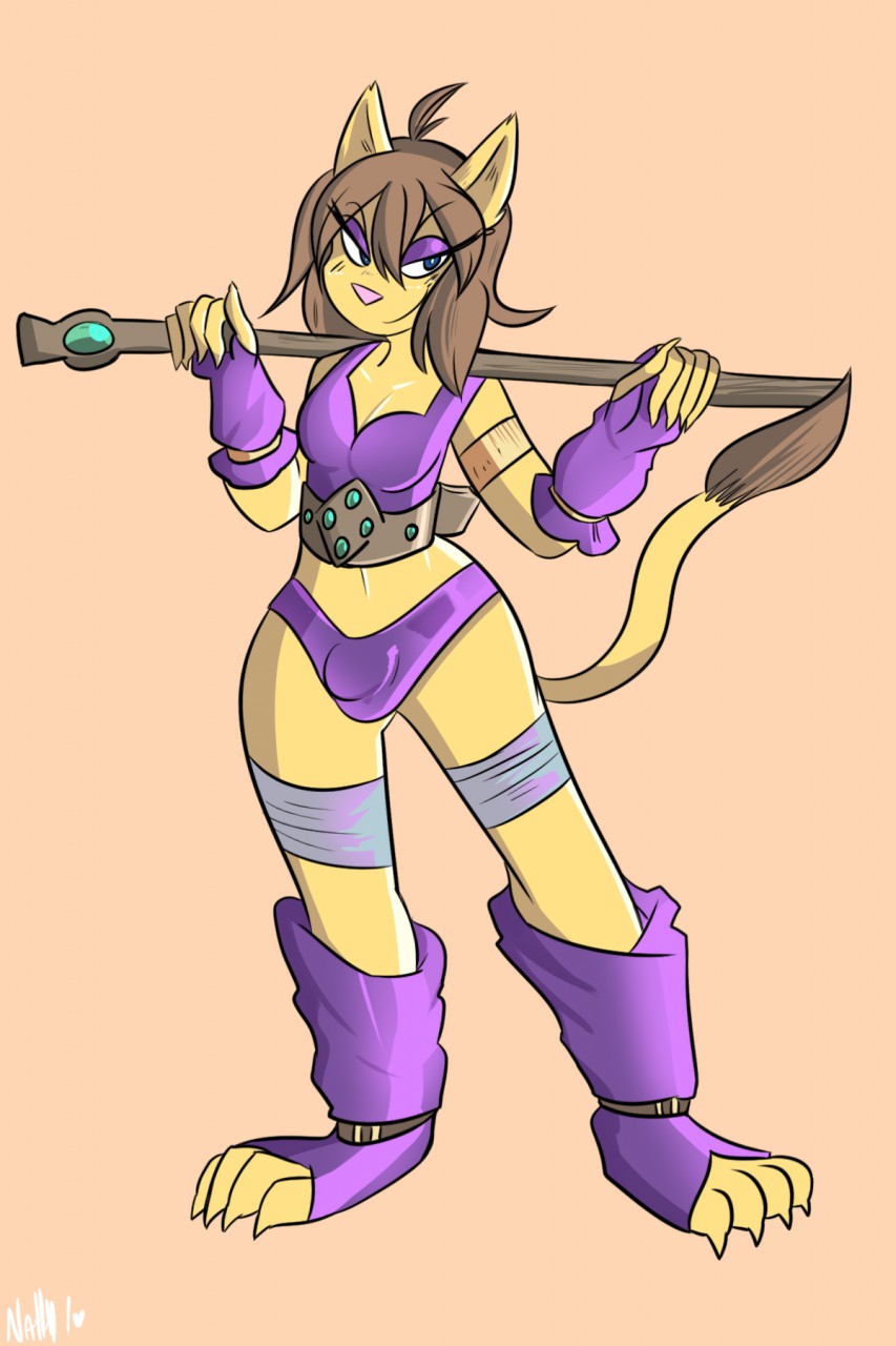 4_toes breath_of_fire bulge cosplay costume dickgirl digital_media_(artwork) feline female halloween holidays intersex katt katt_(breath_of_fire) la-frugele lion mammal panty_bulge racheltheseeker simple_background staff toes video_games weapon