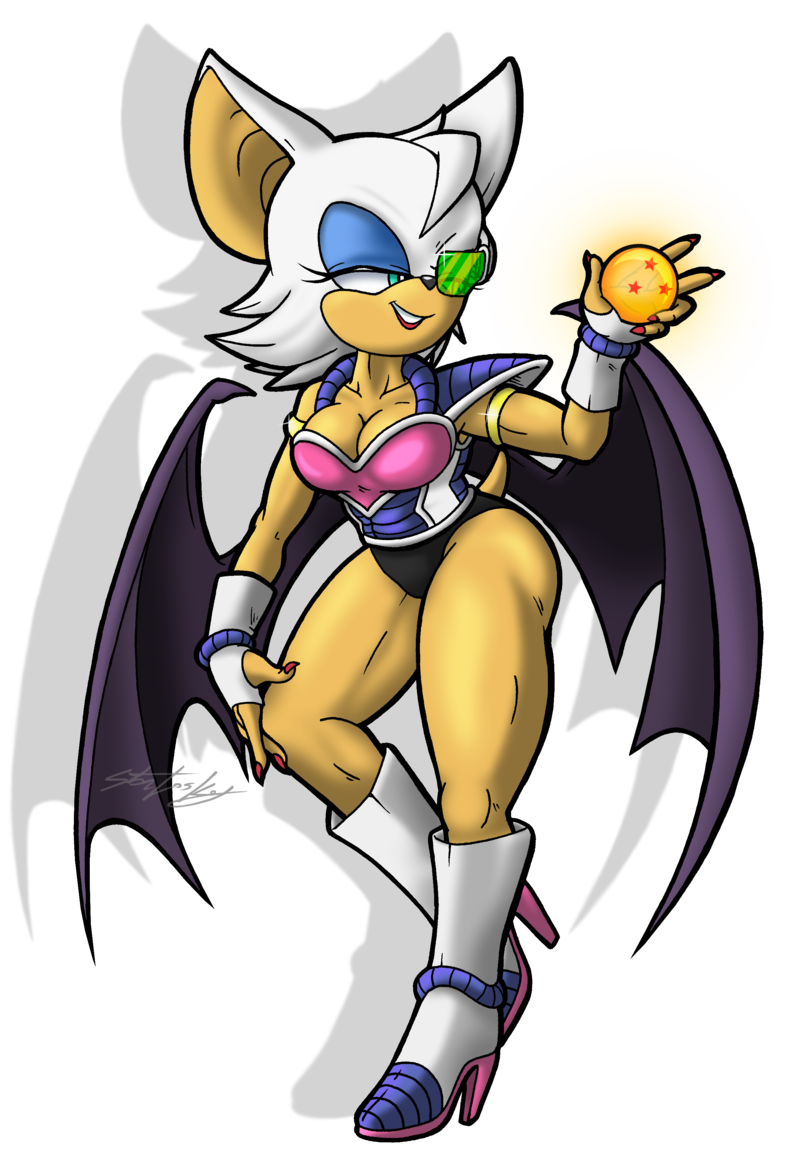 &lt;3 2017 anthro armor asymmetrical bat boots breasts clothed clothing dragon_ball dragon_ball_z dragonballs eyewear female fingerless_gloves footwear fully_clothed gloves high_heels mammal molochtdl ring rouge_the_bat saiyan_armor scouter shoes shoulder_pad sonic_(series) wide_hips wings