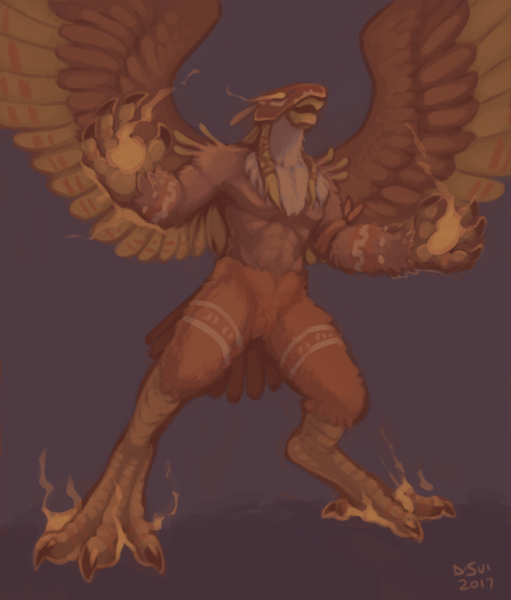 2017 abs anthro armor avian beak biceps biped bird claws d-sui digimon digital_drawing_(artwork) digital_media_(artwork) feathered_wings feathers fire garudamon hair helmet hi_res male muscular muscular_male nude pecs simple_background solo standing toe_claws wings