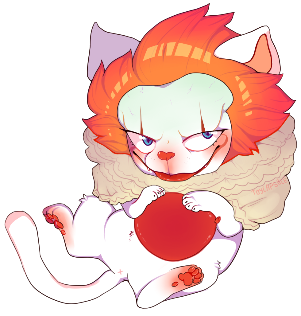 alpha_channel balloon blue_eyes cat clothing clown fangs feline fur hair it makeup mammal paws pennywise_the_dancing_clown red_hair red_lips simple_background toycapsule transparent_background what white_fur
