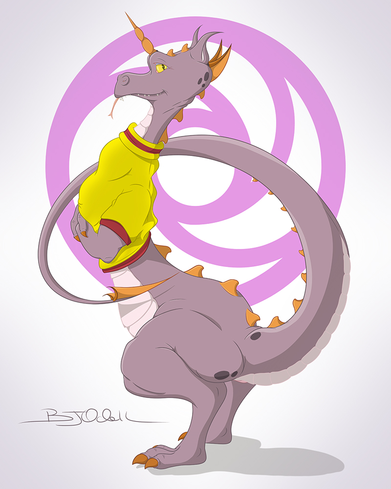 2017 3_toes alternate_form bottomless claws clothed clothing crossed_arms digital_drawing_(artwork) digital_media_(artwork) disney disney_parks dragon epcot figment forked_tongue gradient_background horn journey_into_imagination logo long_tail looking_aside looking_at_viewer orange_claws purple_scales scales sherwood side_view signature simple_background solo standing toe_claws toes tongue tongue_out turtleneck vignette walt_disney_world