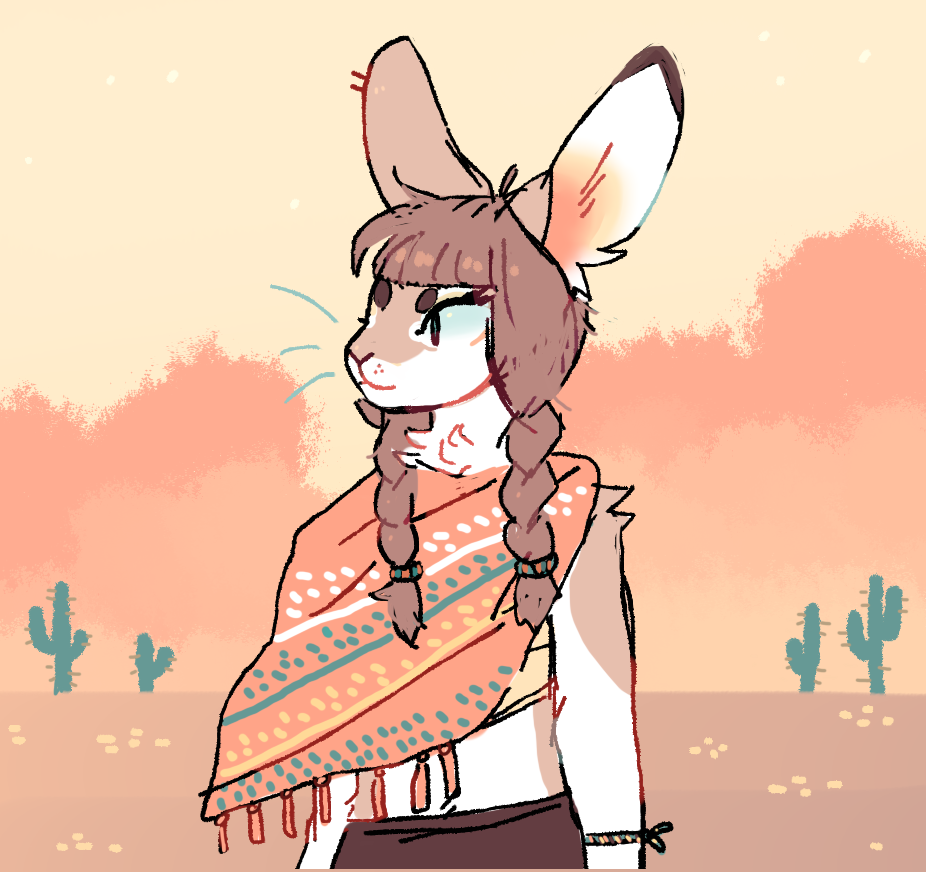 2016 anthro arm_tuft biped bra braided_hair brown_bottomwear brown_clothing brown_hair cactus clothing cloud cottontail_rabbit desert desert_cottontail_rabbit digital_drawing_(artwork) digital_media_(artwork) female front_view hair half-length_portrait lagomorph looking_away mammal midriff navel neck_tuft orange_clothing orange_theme orange_topwear outside pigtails poncho portrait rabbit scpkid sky solo sunset tuft twin_braids underwear whiskers