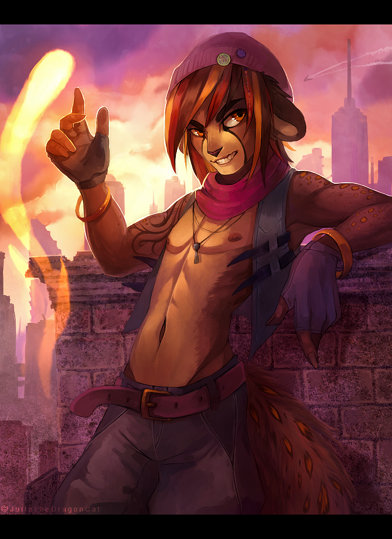 5_fingers anthro black_bars brown_eyes cat clothed clothing detailed_background digital_media_(artwork) feline fingerless_gloves gloves hat juliathedragoncat male mammal midriff navel nipples smile solo