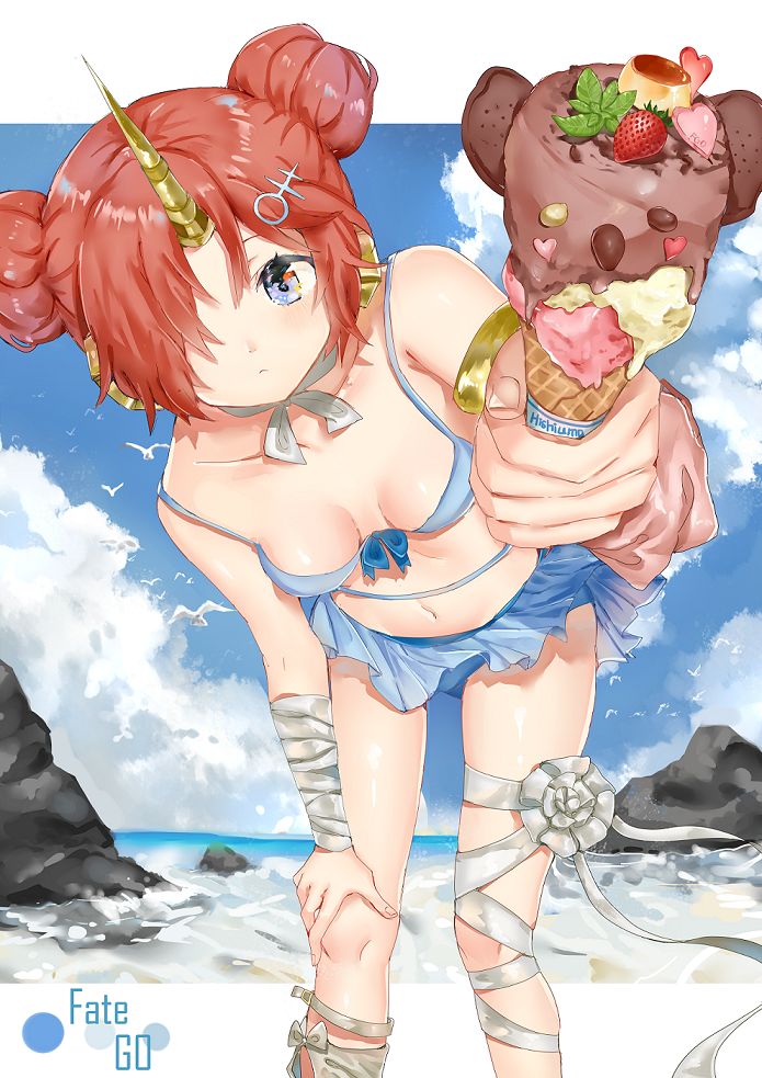 :&lt; bandaged_arm bandages bikini blue_bikini blue_eyes blue_sky blush border breasts chocolate cleavage cloud day double_bun fate/apocrypha fate/grand_order fate_(series) food frankenstein's_monster_(fate) frankenstein's_monster_(swimsuit_saber)_(fate) fruit groin hair_over_one_eye hand_on_own_knee horn ice_cream ice_cream_cone leaning_forward looking_at_viewer medium_breasts navel ocean outside_border pink_legwear qiqiuqiu short_hair sky solo strawberry swimsuit swimsuit_skirt waffle_cone water white_border