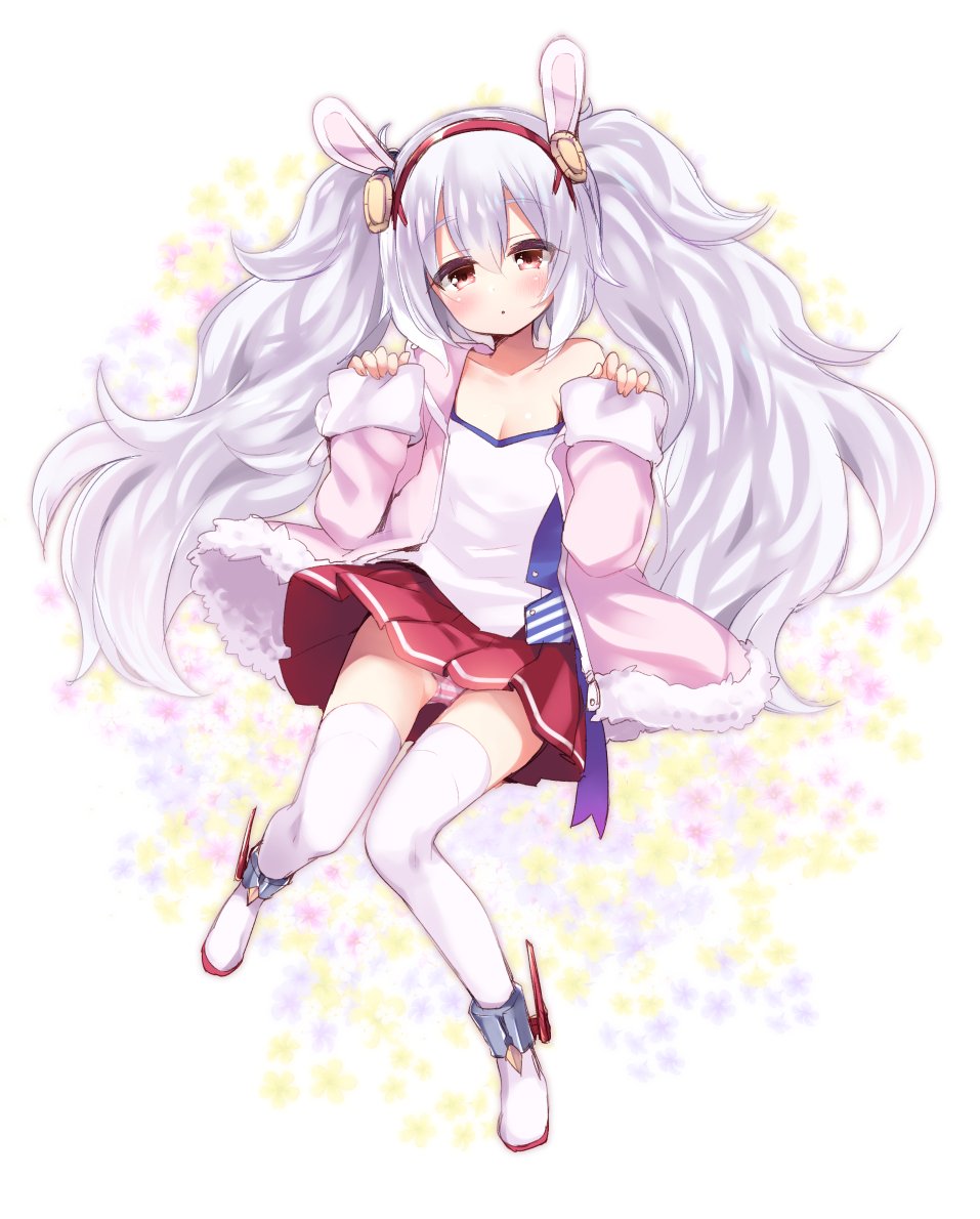 animal_ears azur_lane breasts cleavage collarbone expressionless fake_animal_ears floral_background fummy headband jacket laffey_(azur_lane) lavender_hair long_hair looking_at_viewer panties pantyshot petals red_eyes shirt small_breasts solo striped striped_panties thighhighs twintails underwear white_legwear