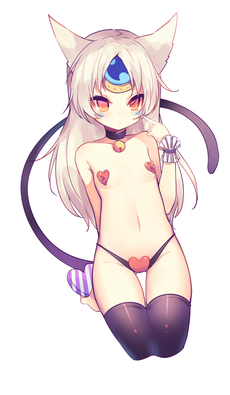 animal_ears bell bell_collar black_legwear box cat_ears cat_tail code:_battle_seraph_(elsword) collar covered_nipples elsword eve_(elsword) expressionless facial_mark flat_chest gem heart heart-shaped_box heart_panties heart_pasties heart_print long_hair looking_at_viewer navel orange_eyes panties pasties pointing pointing_at_self print_panties solo tail thighhighs underwear utm valentine white_background white_hair