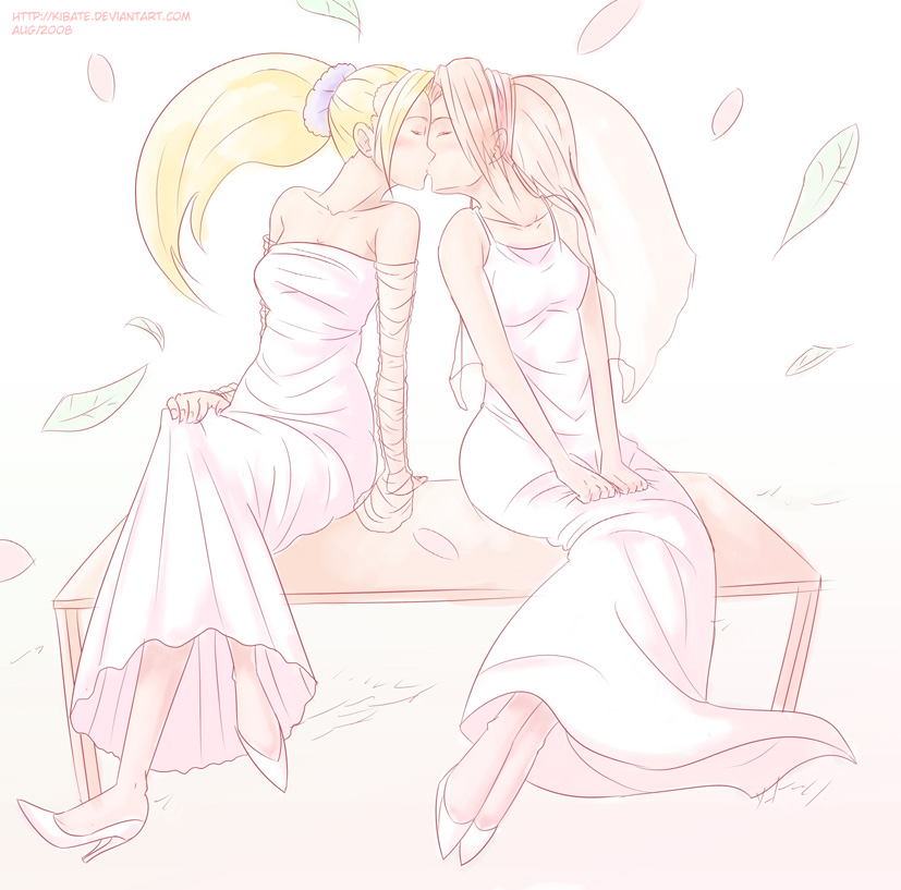 2girls bangs bare_arms bare_shoulders blonde_hair breasts cherry_blossoms dress eyes_closed face-to-face hair_up hairband hands_in_lap haruno_sakura heart hearts high_heels high_ponytail kiss kissing leaf leaves legs_crossed long_hair looking_at_another multiple_girls naruto pink_hair ponytail shoes short_hair sitting sitting_on_table sitting_together table tentacuddles tongue tongue_out veil wedding_dress wind wind_blowing yamanaka_ino yuri