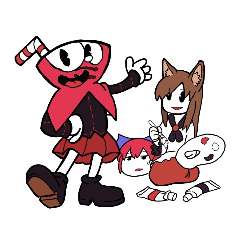 2girls 30s :d animal_ears bangs black_footwear black_jacket blouse brown_hair commentary_request crossover cuphead cuphead_(game) disembodied_head drinking_straw eyebrows_visible_through_hair fat-feit hand_on_hip holding_brush imaizumi_kagerou jacket kneeling long_hair long_sleeves looking_at_another looking_at_viewer multiple_girls oldschool open_mouth pac-man_eyes paint_tube paintbrush palette parted_lips pleated_skirt red_eyes red_skirt seiza sekibanki shoes simple_background sitting skirt smile standing sweatdrop touhou white_background white_blouse wolf_ears