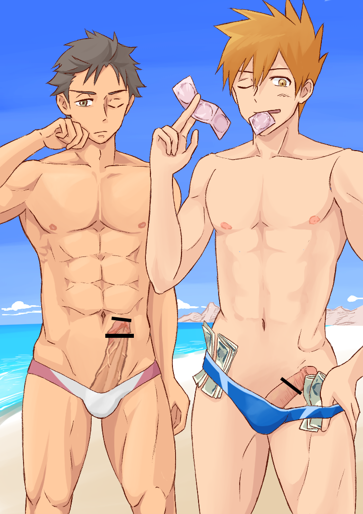 2boys abs beach condom erection invitation male_focus mochiame money muscle naughty_face ocean ookido_green ookido_green_(sm) outdoors penis pokemon prostitution red_(pokemon) red_(pokemon)_(sm) sand smile swimsuit topless undressing