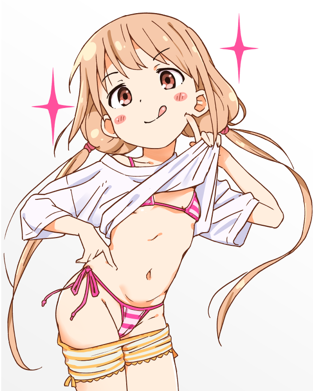 1girl bikini blonde_hair brown_eyes cameltoe casual commentary_request cowboy_shot flat_chest futaba_anzu idolmaster idolmaster_cinderella_girls lifted_by_self long_hair looking_at_viewer low_twintails micro_bikini mirakichi navel shirt_lift shorts shorts_pull side-tie_bikini simple_background solo sparkle standing striped striped_bikini striped_shorts swimsuit tongue tongue_out twintails white_background yellow_shorts