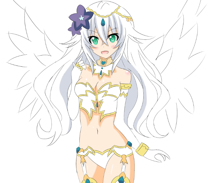 1girl angel angel_wings bare_shoulders black_heart breasts choujigen_game_neptune cleavage collar crawford elbow_gloves flower four_goddesses_online:_cyber_dimension_neptune gloves green_eyes hair_flower hair_ornament jewelry long_hair looking_at_viewer medium_breasts midriff navel neptune_(series) noire power_symbol smile solo stomach white_hair wings