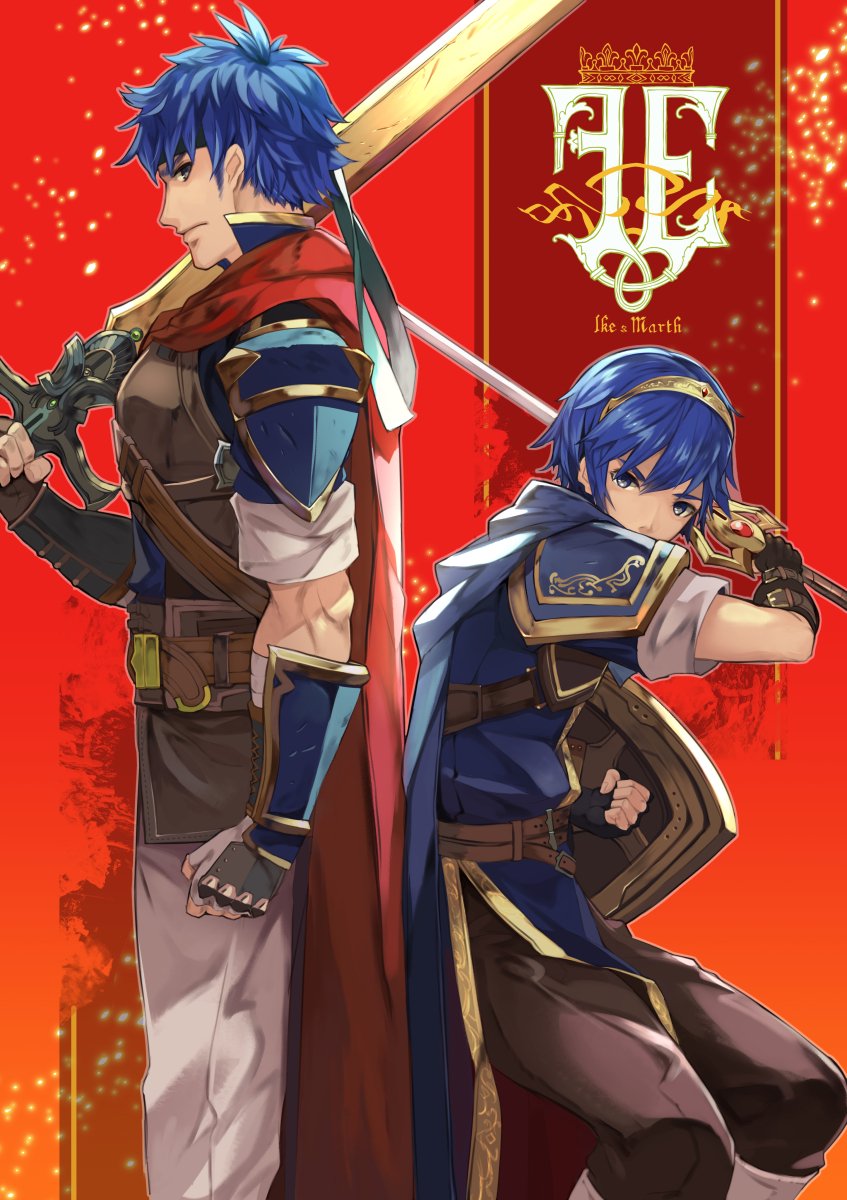 2boys armor blue_eyes blue_hair cape falchion_(fire_emblem) fingerless_gloves fire_emblem fire_emblem:_akatsuki_no_megami fire_emblem:_monshou_no_nazo fire_emblem:_souen_no_kiseki fire_emblem_heroes gloves headband highres ike kurosawa_tetsu looking_at_viewer male_focus marth multiple_boys nintendo ragnell shield short_hair simple_background sword tiara weapon