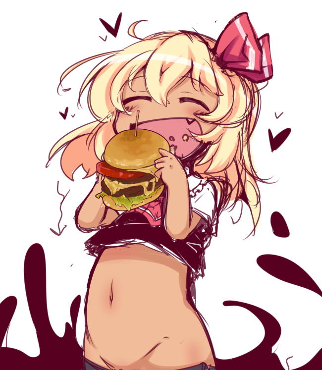 ^_^ belly blonde_hair blush bow cheese cheese_trail closed_eyes commentary_request darkness directional_arrow eating fang food groin hair_ribbon hamburger heart lettuce muuba navel out-of-frame_censoring plump ribbon rumia short_hair solo tan tomato toothpick touhou