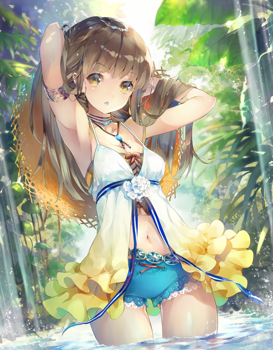 :o armlet armpits arms_up ass_visible_through_thighs bangs bare_arms breasts brown_hair commentary_request day deecha dress flower frilled_dress frills hat hat_removed headwear_removed highres jewelry leaf long_hair looking_at_viewer md5_mismatch medium_breasts multicolored multicolored_clothes multicolored_dress navel necklace original outdoors plant solo straw_hat wading water white_dress white_flower yellow_dress yellow_eyes