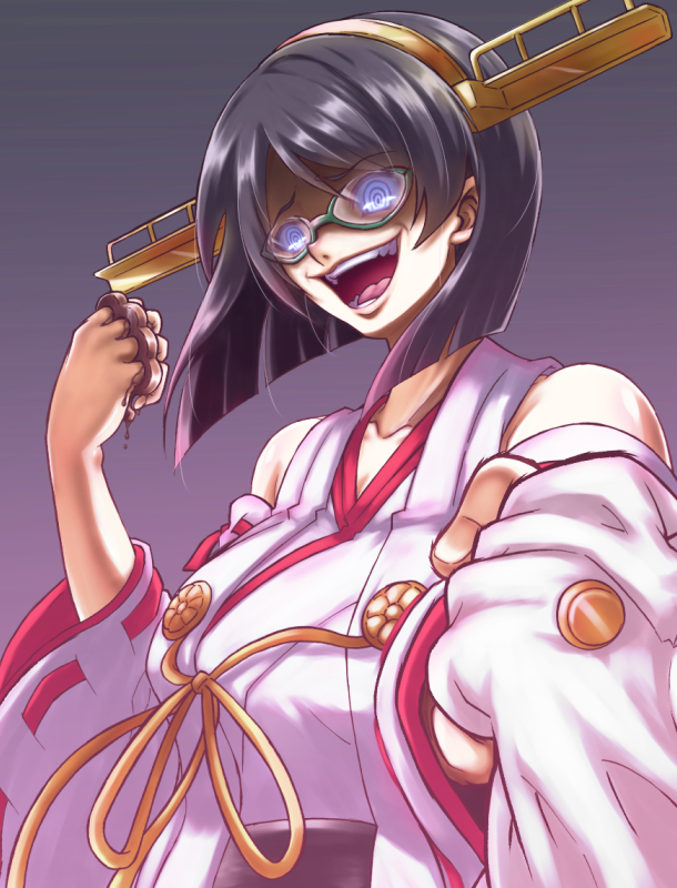 black_hair brass_knuckles chocolate commentary_request detached_sleeves evil_smile gekoge_satoru glasses green-framed_eyewear hairband headgear japanese_clothes kantai_collection kirishima_(kantai_collection) nontraditional_miko open_mouth short_hair smile solo weapon
