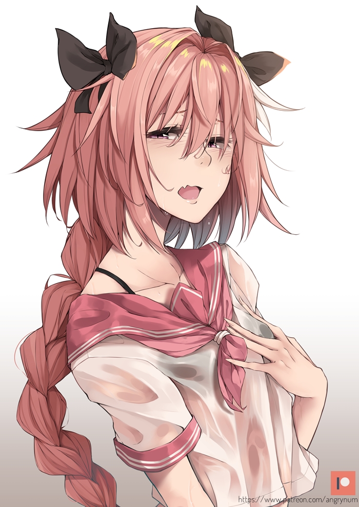 angry_num astolfo_(fate) black_bra black_ribbon blush bra bra_strap braid fang fate/apocrypha fate/grand_order fate_(series) gradient gradient_background hair_ribbon long_hair looking_to_the_side male_focus open_mouth otoko_no_ko patreon_username pink_eyes pink_hair ribbon school_uniform see-through serafuku short_sleeves single_braid solo sweat underwear wet wet_clothes