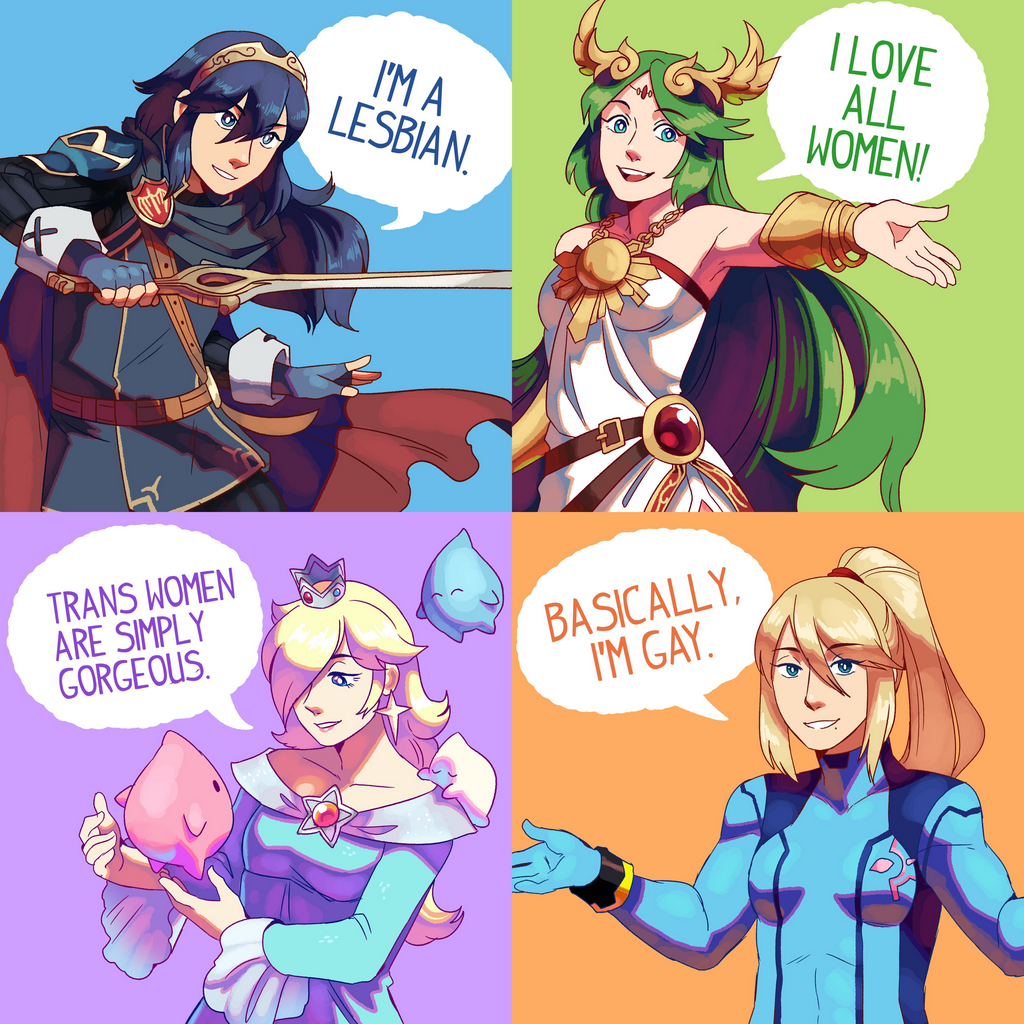 4girls armor blonde_hair blue_background blue_eyes blue_hair breasts cape crown dress earrings english_text eyebrows fire_emblem fire_emblem:_kakusei frogbians green_background green_eyes green_hair jewelry kid_icarus kid_icarus_uprising long_hair looking_at_viewer lucina mario_(series) matching_hair/eyes metroid mole mole_under_mouth multiple_girls nintendo open_mouth orange_background palutena parted_lips ponytail purple_background rosetta_(mario) samus_aran simple_background smile stitched super_mario_bros. super_mario_galaxy sword third-party_edit tiara tied_hair weapon