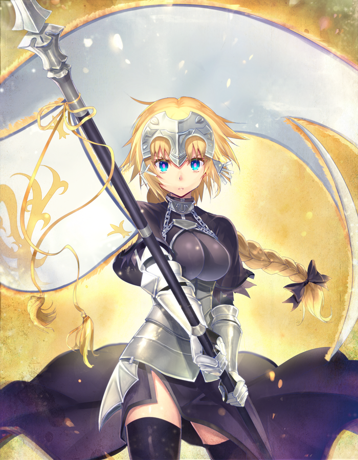 armor black_bow black_legwear blonde_hair blue_eyes blush bow braid breasts closed_mouth fate/apocrypha fate/grand_order fate_(series) flag hair_bow headpiece holding holding_flag jeanne_d'arc_(fate) jeanne_d'arc_(fate)_(all) large_breasts long_hair looking_at_viewer mogullaz solo thighhighs