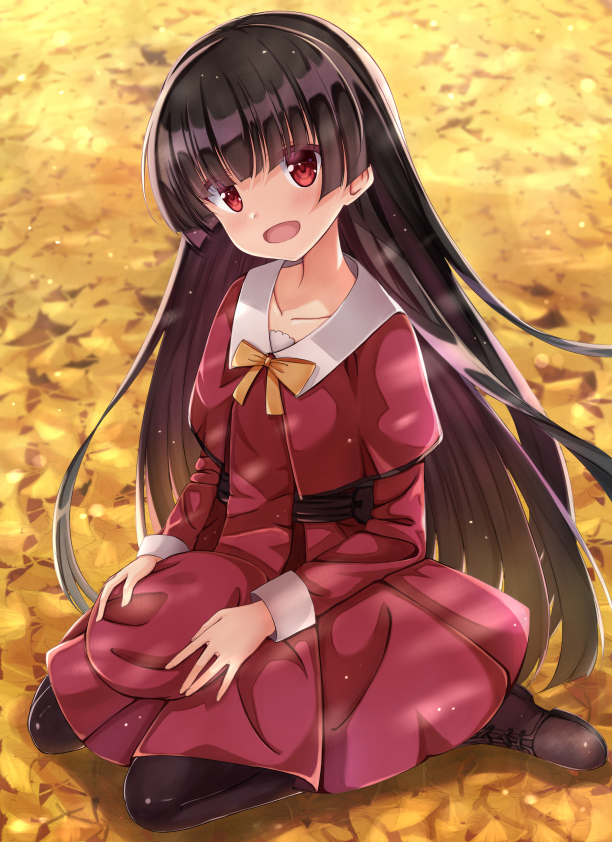 :d autumn_leaves beret black_hair black_legwear blush bow brown_footwear capelet collarbone from_above full_body ginkgo hat hat_removed head_tilt headwear_removed hime_cut long_hair long_sleeves looking_at_viewer masamune_shizuru noble_works on_ground open_mouth orange_bow pantyhose red_eyes red_hat red_skirt rurukuru shoes sitting skirt smile solo very_long_hair wariza