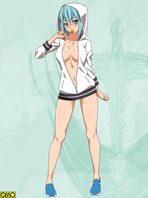 aqua_eyes aqua_hair arm_at_side bare_legs blue_footwear blush breasts candy cleavage collarbone eating eyebrows_visible_through_hair food full_body glasses green_background head_tilt holding holding_food hood hood_up hoodie legs_apart lollipop long_sleeves looking_at_viewer medium_breasts naked_hoodie navel no_bra no_socks omc open_clothes open_hoodie ra-pen rimless_eyewear shoes short_hair solo standing sword unzipped weapon zipper