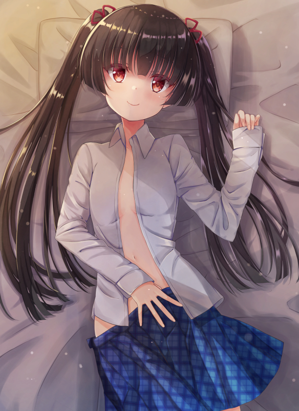 bed_sheet black_hair blue_skirt blush breasts breasts_apart closed_mouth collared_shirt long_hair looking_at_viewer lying masamune_shizuru navel noble_works on_back open_clothes open_shirt pillow plaid plaid_skirt red_eyes rurukuru shirt skirt sleeves_past_wrists small_breasts smile solo twintails very_long_hair white_shirt wing_collar