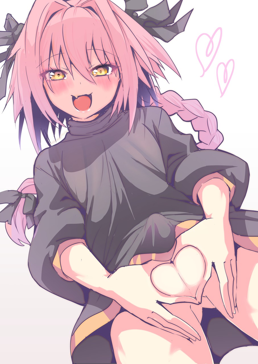 astolfo_(fate) black_shirt blonde_hair bulge erection erection_under_clothes fate/apocrypha fate_(series) heart heart_hands highres long_hair looking_at_viewer naked_shirt otoko_no_ko penis pink_hair shirt simple_background smile solo testicles white_background wisespeak yellow_eyes