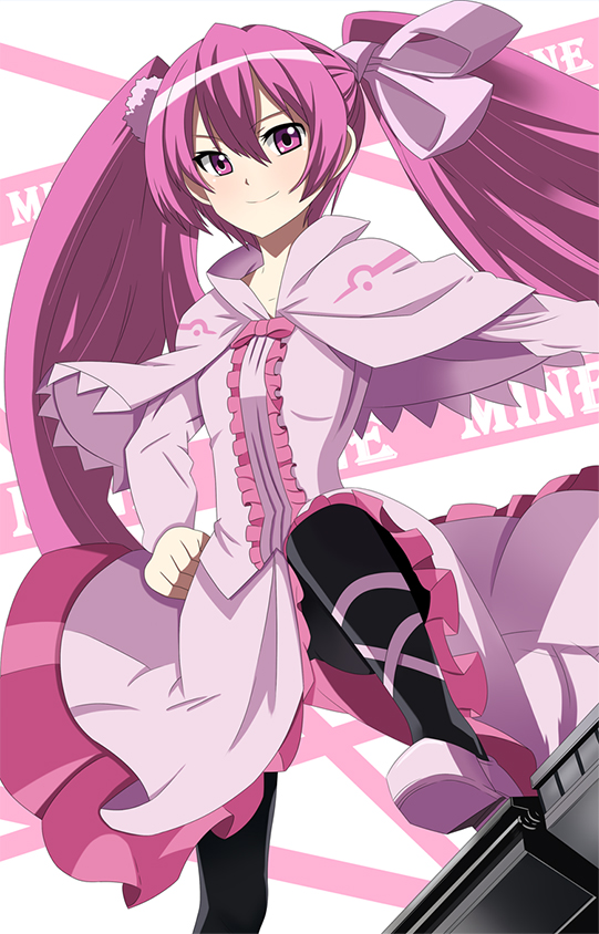 akame_ga_kill! ankle_ribbon black_legwear capelet character_name collarbone floating_hair hair_between_eyes hair_ribbon hand_on_hip long_hair long_skirt mine_(akame_ga_kill!) pantyhose pink_eyes pink_footwear pink_hair pink_ribbon pink_shirt pink_skirt ribbon shiny shiny_hair shirt shoes shum_sharr skirt smile solo standing twintails very_long_hair