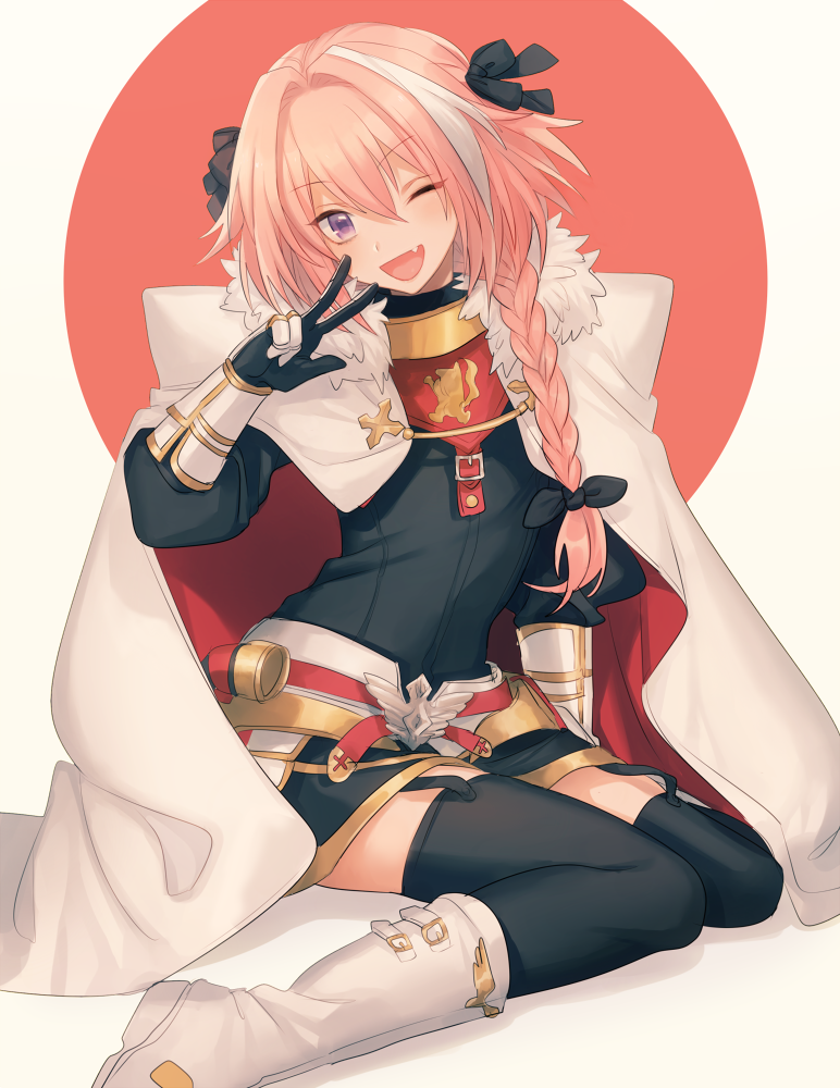 ;d armor astolfo_(fate) asuda bangs black_bow black_gloves black_legwear black_ribbon black_shirt boots bow braid buckle cloak commentary_request eyebrows_visible_through_hair fang fate/apocrypha fate_(series) faulds fur-trimmed_cloak fur_trim garter_straps gauntlets gloves hair_between_eyes hair_bow hair_intakes hair_over_shoulder hair_ribbon hand_up head_tilt knee_boots long_hair long_sleeves looking_at_viewer male_focus multicolored_hair one_eye_closed open_mouth otoko_no_ko pink_hair purple_eyes red_cloak ribbon shadow shirt single_braid sitting smile solo streaked_hair thighhighs w wariza white_background white_cloak white_footwear white_hair