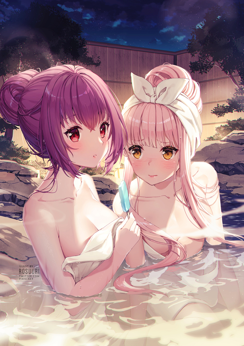 2girls 3: artist_name bare_shoulders bathing blush breasts cleavage collarbone fate/grand_order fate_(series) food hair_bun hair_censor long_hair looking_at_viewer medb_(fate)_(all) medb_(fate/grand_order) medium_breasts multiple_girls naked_towel night onsen outdoors parted_lips pink_hair popsicle purple_hair red_eyes rosuuri scathach_(fate)_(all) scathach_skadi_(fate/grand_order) sidelocks sitting steam towel wet wet_hair yellow_eyes