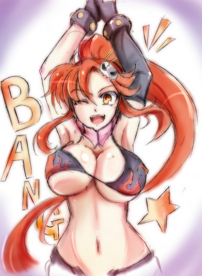 :d bang bikini_top black_gloves bouncing_breasts breasts elbow_gloves finger_gun gloves hair_ornament hair_stick large_breasts long_hair looking_at_viewer midriff mismatched_gloves one_eye_closed open_mouth ponytail red_hair scarf sketch skull_hair_ornament smile solo star suga_leon tengen_toppa_gurren_lagann underboob very_long_hair yellow_eyes yoko_littner