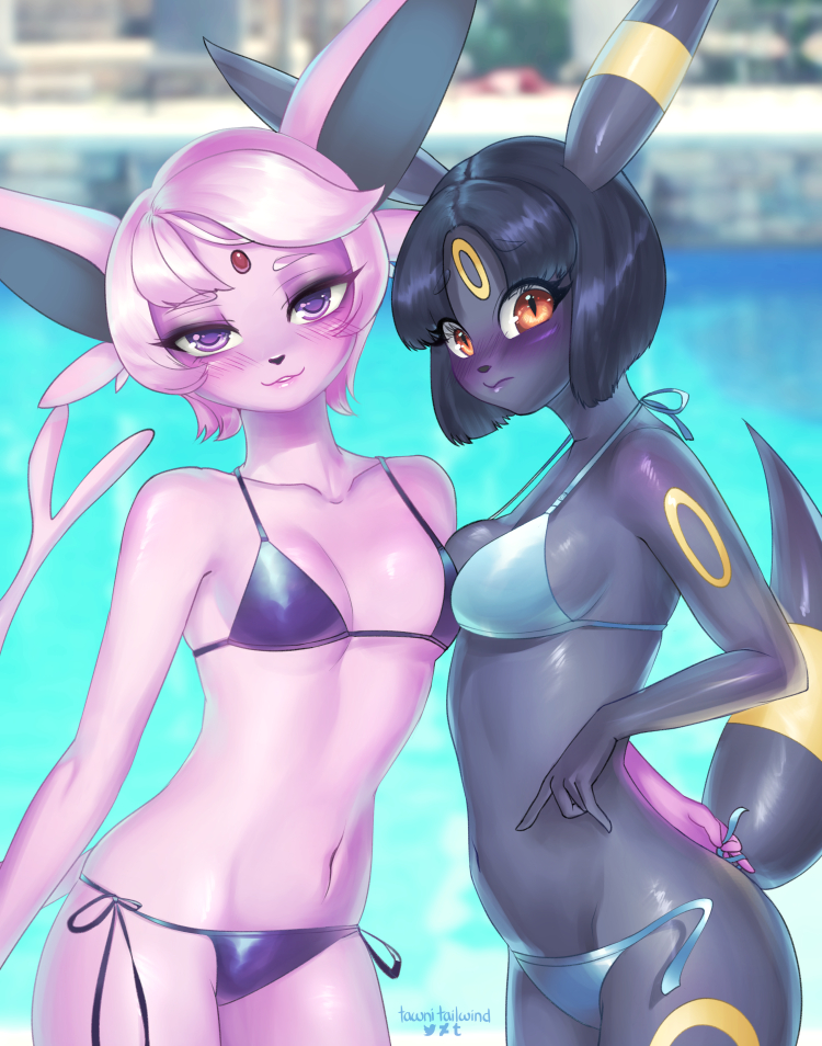 2girls animal_ears artist_name bikini black_hair blue_background blue_bikini blush breasts collarbone embarrassed espeon eyebrows_visible_through_hair eyes_visible_through_hair from_side furry half-closed_eyes looking_at_viewer looking_to_the_side medium_breasts multiple_girls navel no_humans orange_eyes outdoors personification pokemon pokemon_(creature) pokemon_rse purple_bikini purple_eyes purple_hair short_hair side side-tie_bikini small_breasts smile standing swimsuit tail tawni_tailwind teeth text umbreon untied_bikini watermark