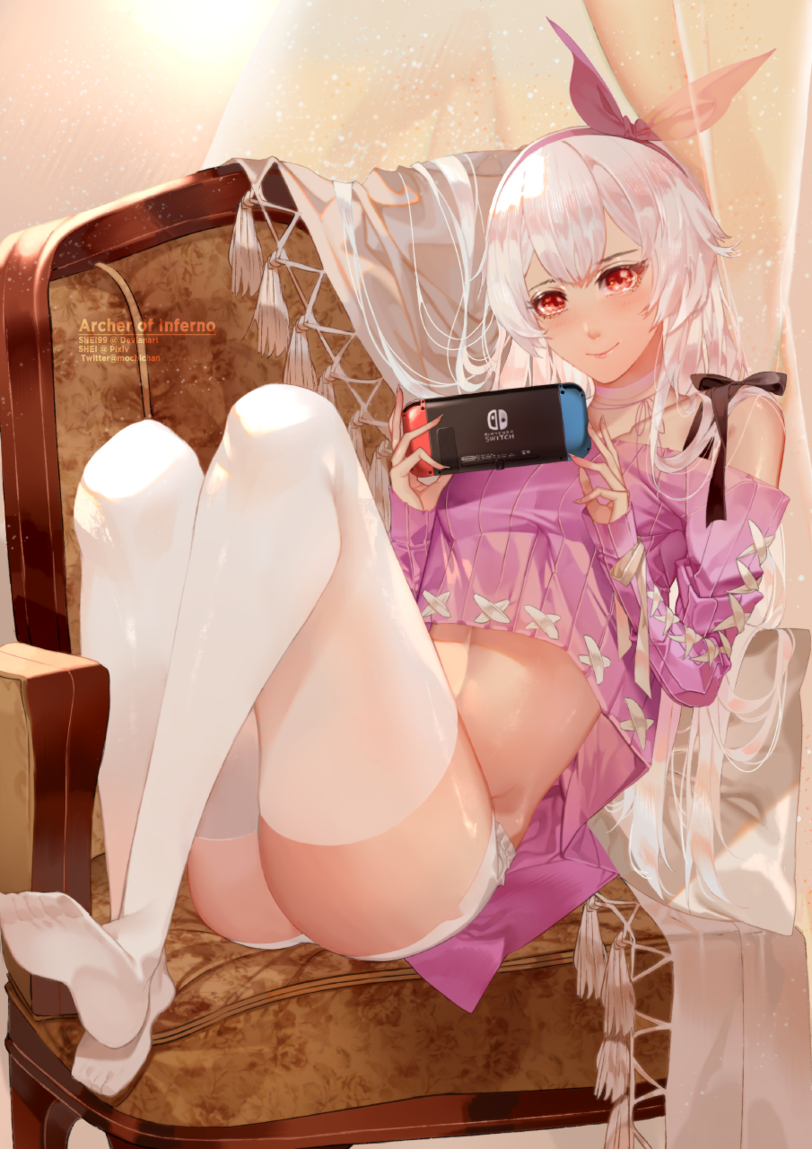 1girl alternate_costume blush bra_strap chair collarbone commentary_request controller deviantart_username fate/grand_order fate_(series) game_console game_controller hairband handheld_game_console highres joy-con long_hair midriff nintendo_switch off-shoulder_shirt off_shoulder pink_shirt playing_games purple_hairband red_eyes shei99 shirt short_shorts shorts silver_hair sitting sitting_sideways smile solo thighhighs tomoe_gozen_(fate/grand_order) twitter_username white_legwear white_shorts