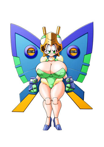 big_eyes breasts butterfly_wings cleavage concept_art gauntlets helmet high_heels huge_breasts leotard official_art robopon robot robot_girl robot_joints thick_thighs thighs traditional_media wings