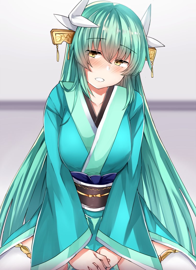 aqua_hair aqua_kimono bangs black_legwear blush commentary_request cowboy_shot eyebrows_visible_through_hair fate/grand_order fate_(series) hair_between_eyes hair_ornament head_tilt horns japanese_clothes kimono kiyohime_(fate/grand_order) long_hair long_sleeves looking_at_viewer obi parted_lips pelvic_curtain sabujiroko sash sitting smile solo spread_legs thighhighs v_arms very_long_hair wide_sleeves yellow_eyes