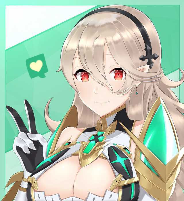 1girl armor blush breasts cleavage cosplay dress female_my_unit_(fire_emblem_if) fire_emblem fire_emblem_if gloves hair_between_eyes hair_ornament hairband hikari_(xenoblade_2) hikari_(xenoblade_2)_(cosplay) jewelry large_breasts long_hair looking_at_viewer mamkute my_unit_(fire_emblem_if) nintendo pointy_ears red_eyes silver_hair smile solo super_smash_bros. super_smash_bros._ultimate upper_body xenoblade_(series) xenoblade_2 zekken22_23