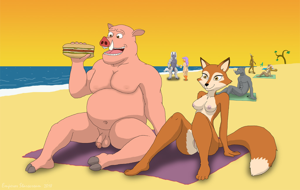 2018 anthro balls beach breasts burger canid canine chunk_(spark) domestic_pig emperorstarscream female food fox fur mammal nipples nude nude_beach open_mouth orange_fur orange_tail penis pussy sea seaside sitting smile spark_a_space_tail_(film) suid suina sus_(pig) vix vix_(spark) water wild_boar