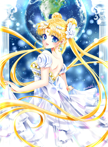 :d bangs bishoujo_senshi_sailor_moon blonde_hair blue_eyes dress earrings earth eyebrows_visible_through_hair floating_hair from_behind jewelry long_hair looking_at_viewer looking_back lowres open_mouth princess_serenity sailor_moon shirataki_kaiseki signature skirt_hold sleeveless sleeveless_dress smile solo standing twintails very_long_hair white_dress