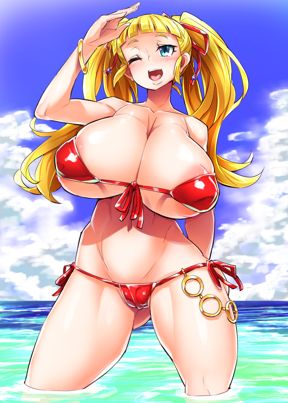 10s 1girl absurdres akiba's_trip akiba's_trip_the_animation areolae arisa_ahokainen bikini blonde_hair blue_eyes blush breasts collarbone doriruneko hair_ribbon highres huge_breasts long_hair looking_at_viewer micro_bikini midriff navel nipples open_mouth red_bikini red_ribbon ribbon shiny shiny_skin smile solo standing swimsuit tongue twintails