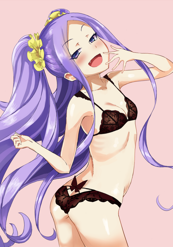 1girl ass bare_arms bare_shoulders black_bra black_panties blush bra breasts cleavage collarbone cowboy_shot fate/grand_order fate_(series) female hair_scrunchie long_hair looking_at_viewer looking_back midriff open_mouth panties pooor purple_eyes purple_hair scrunchie simple_background small_breasts solo standing twisted_torso underwear wu_zetian_(fate/grand_order)