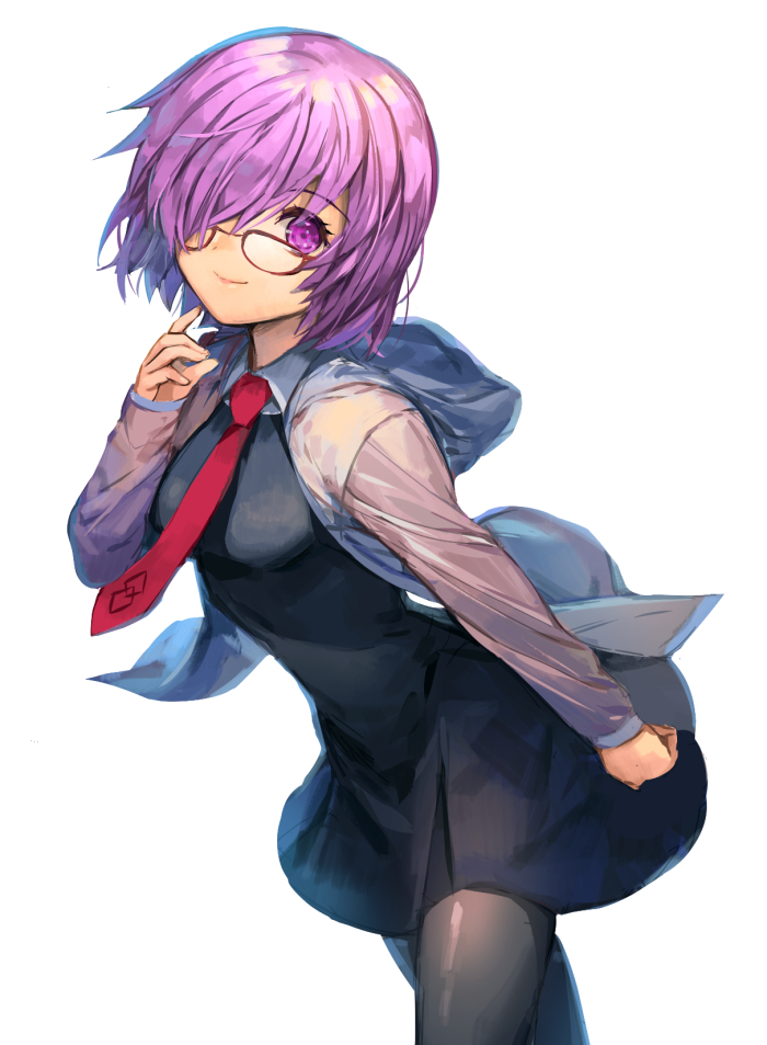 bad_id bad_pixiv_id black_dress black_legwear dress ells fate/grand_order fate_(series) glasses grey_jacket hair_over_one_eye jacket mash_kyrielight necktie open_clothes open_jacket pantyhose purple_eyes purple_hair red-framed_eyewear red_neckwear shiny shiny_clothes short_dress short_hair simple_background solo standing white_background