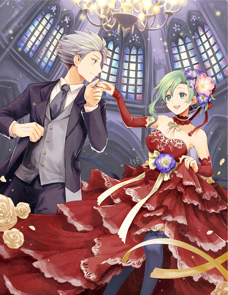 1boy 1girl :d alternate_costume bare_shoulders black_jacket black_pants blue_eyes breasts buttons candelabra closed_mouth detached_collar detached_sleeves dress dress_lift earrings edward_geraldine final_fantasy final_fantasy_iv flower green_eyes green_hair grey_neckwear hair_flower hair_ornament hand_holding jacket jewelry kneehighs lifted_by_self long_hair long_sleeves looking_at_another medium_breasts neck_ribbon necktie open_clothes open_jacket open_mouth pants petals pink_flower purple_flower purple_legwear red_dress ribbon rose rydia sasanomesi scar scar_across_eye short_hair silver_hair smile strapless strapless_dress teeth tuxedo window yellow_flower yellow_ribbon yellow_rose