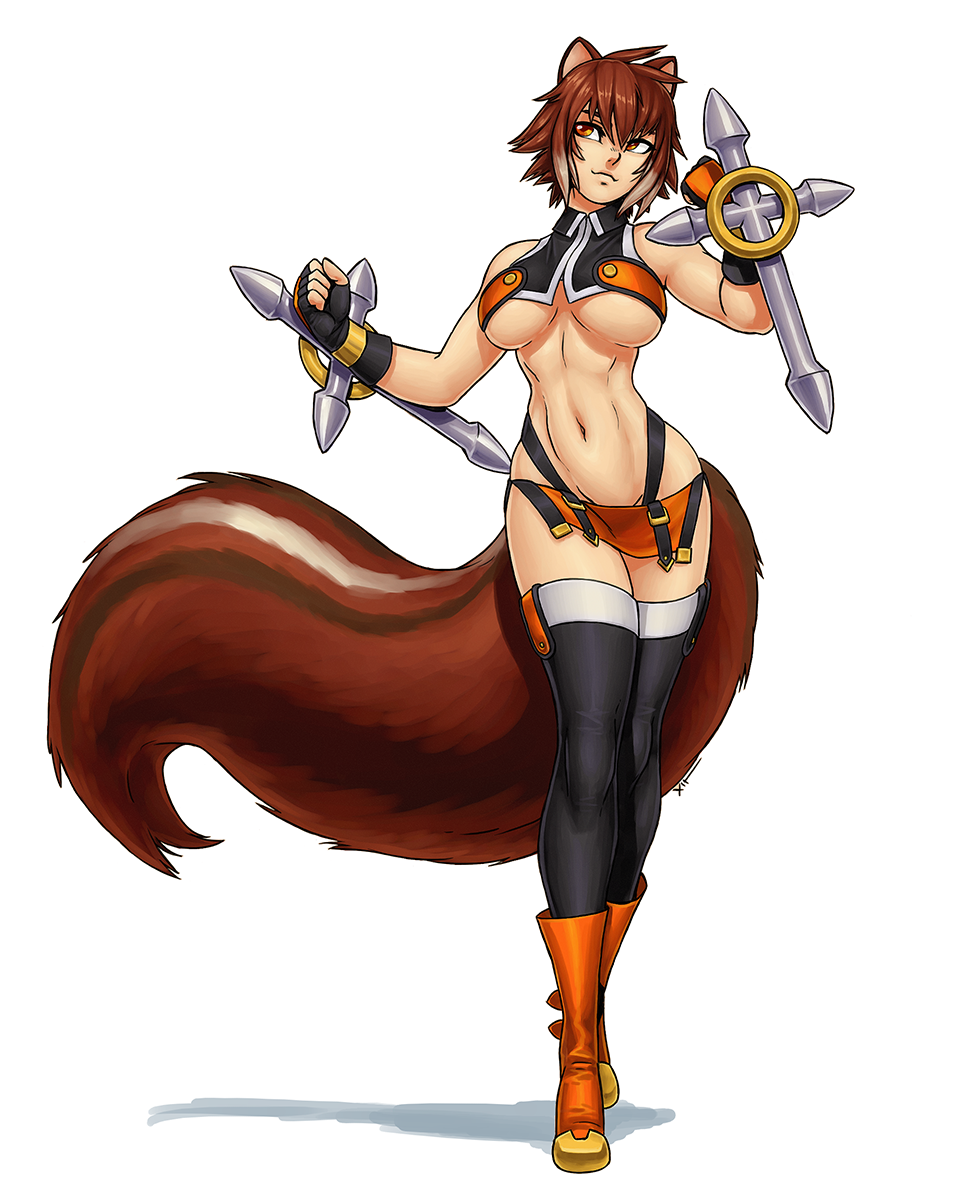 animal_ears antenna_hair bare_shoulders black_legwear black_panties blazblue boots breasts breasts_apart clenched_hands crop_top dual_wielding fingerless_gloves gloves highleg highleg_panties highres holding large_breasts large_tail luigiix makoto_nanaya microskirt multicolored_hair navel orange_eyes orange_footwear orange_skirt panties revealing_clothes short_hair skirt solo squirrel_ears squirrel_girl squirrel_tail tail thighhighs tonfa two-tone_hair underboob underwear weapon white_background