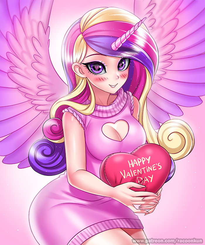 &lt;3 &lt;3_eyes 2019 alternate_species blush breasts cleavage cleavage_cutout clothed clothing digital_media_(artwork) english_text eyelashes feathered_wings feathers female friendship_is_magic hair holding_object horn humanoid humanoidized long_hair looking_at_viewer multicolored_hair my_little_pony princess_cadance_(mlp) purple_eyes racoon-kun smile solo text url wings