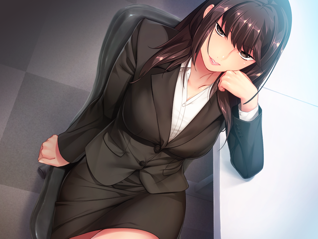 1girl black_eyes black_skirt breasts brown_hair business_suit chair chin_rest do_s_na_ol_joou_sama eyebrows eyebrows_visible_through_hair game_cg highres indoors large_breasts legs long_hair long_sleeves looking_at_viewer nana_g original pantyhose parted_lips sitting skirt solo suit table thighs