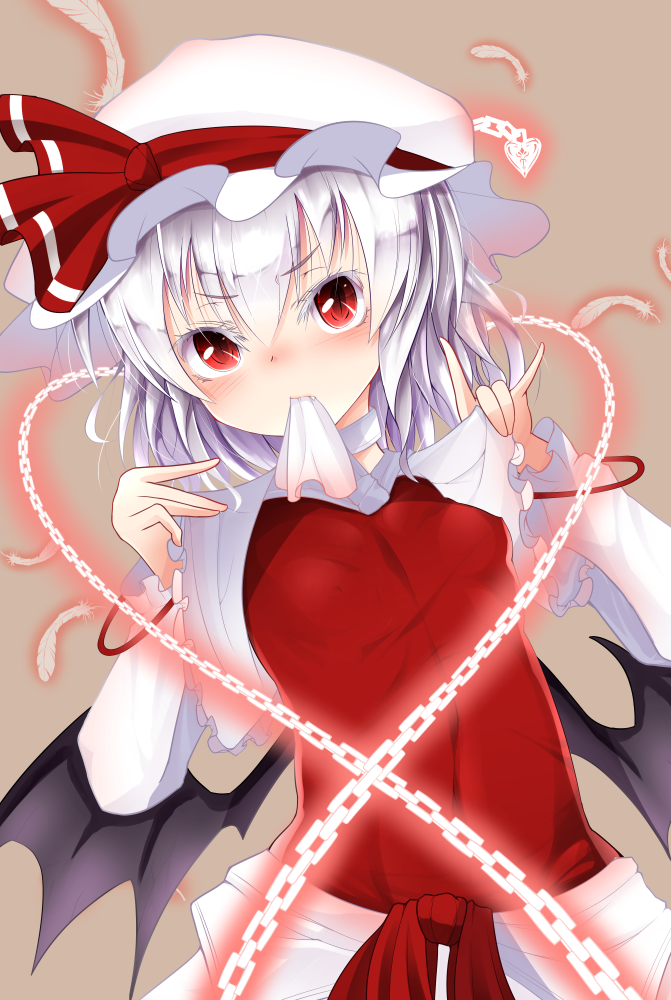 \m/ bat_wings blush breasts brown_background chain covered_nipples doburoku_(daiginjou) eyebrows_visible_through_hair fang feathers hair_between_eyes hat hat_ribbon lavender_hair long_sleeves looking_at_viewer mob_cap mouth_hold red_eyes red_ribbon red_shirt remilia_scarlet ribbon shirt small_breasts solo touhou upper_body white_hat wings