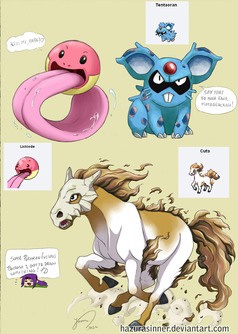 1girl black_eyes character_name claws commentary creature creatures_(company) cubone electrode emoticon english english_commentary eyes_closed fang fusion game_freak gen_1_pokemon hazurasinner heart horse laughing lickitung long_hair looking_at_viewer nidoran nintendo open_mouth pokemon ponyta purple_hair running signature skull_mask standing teeth tentacruel tongue tongue_out watermark web_address