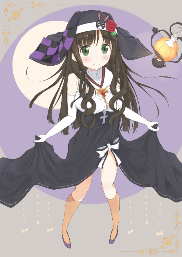 anko_(gochiusa) badge bangs bare_shoulders blunt_bangs breasts brooch brown_hair checkered cleavage_cutout closed_mouth commentary cross dress elbow_gloves eyebrows_visible_through_hair flower foreshortening from_above full_body ghost gloves gochuumon_wa_usagi_desu_ka? green_eyes habit halloween halloween_costume jewelry kneehighs lantern large_breasts long_hair looking_at_viewer mirai_(mirai76_) orange_legwear purple_footwear red_flower red_rose rose shoes skirt_hold sleeveless sleeveless_dress smile solo ujimatsu_chiya