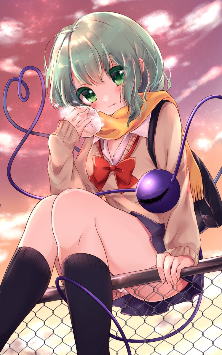 bad_id bad_pixiv_id bangs baozi black_legwear blush bow bowtie chain-link_fence cloud colored_eyelashes commentary_request eyebrows_visible_through_hair eyelashes fence food foreshortening green_eyes green_hair heart heart_of_string holding holding_food kneehighs komeiji_koishi long_sleeves looking_at_viewer on_fence orange_scarf outdoors panties pink_sky pleated_skirt purple_skirt red_bow red_neckwear scarf shanghai_bisu shiny shiny_hair short_hair sitting skirt sleeves_past_wrists solo steam sweater tareme third_eye touhou twilight underwear upskirt white_panties